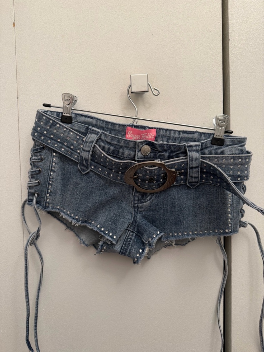Sugar Thrillz micro Denim LaceUp High-Cut Shorts with Studded Belt